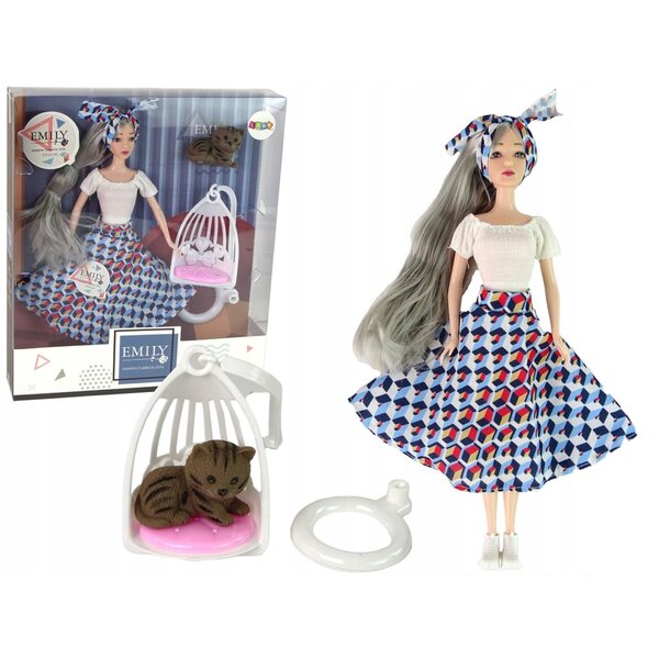 Emily-Puppe mit Kätzchen und Schaukel mit blauem und dunkelblauem Schal für Kinder
