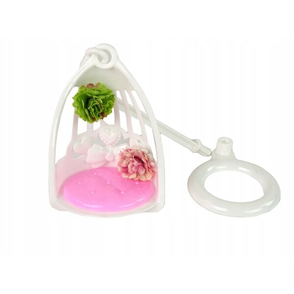 Bambola con lunghi capelli rossi su altalena decorata con fiori - 30 cm