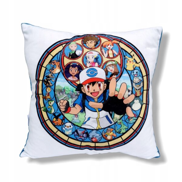 Dekokissen „Pokémon Ash“ aus weicher Mikrofaser und blauem Plüsch, 37 x 37 cm