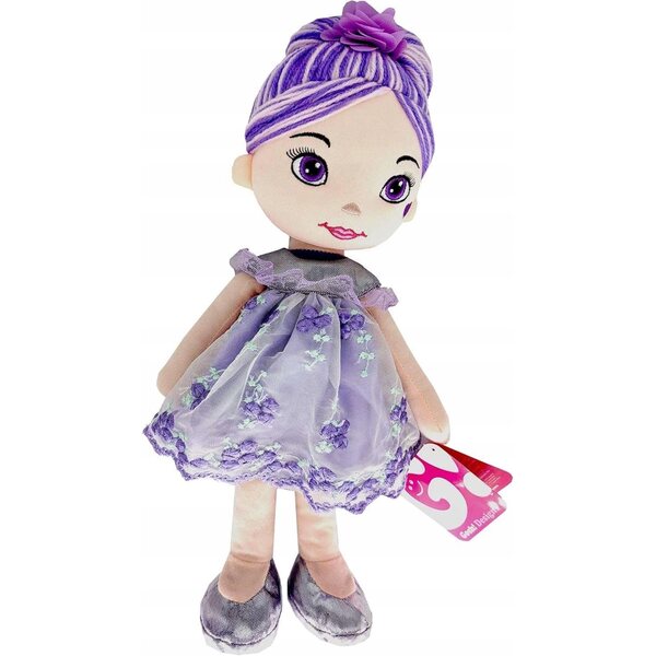 Bambola di peluche morbida con abito viola 35 cm, ideale per bambini 3+