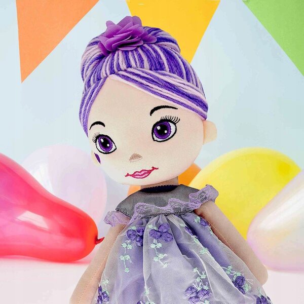 Bambola di peluche morbida con abito viola 35 cm, ideale per bambini 3+