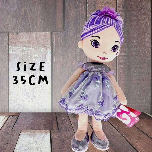 Bambola di peluche morbida con abito viola 35 cm, ideale per bambini 3+