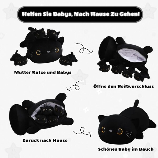 Plush nero gatto 5in1 con cuccioli morbida bamboletta regalo
