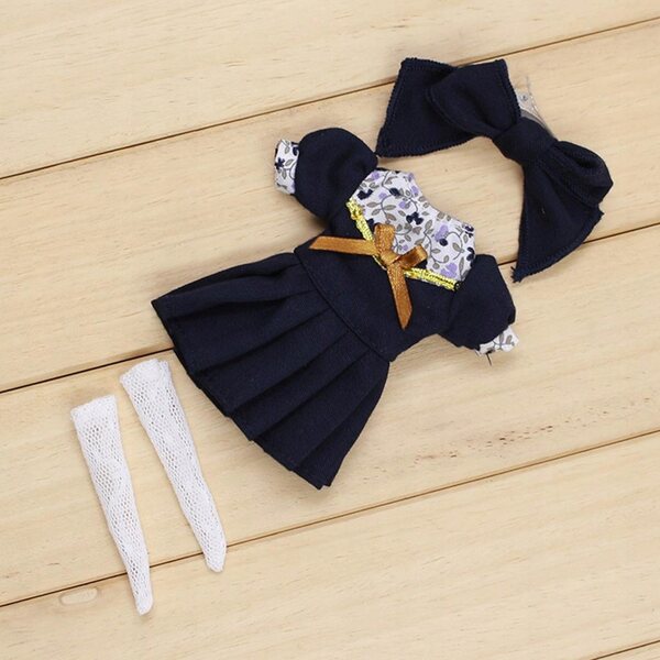 Dunkelblaues Kleid mit Schleife und Socken für Blythe 20 cm Puppe