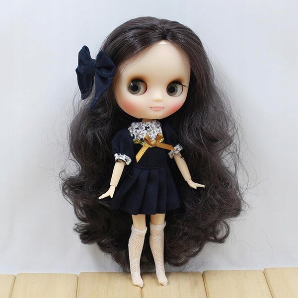 Dunkelblaues Kleid mit Schleife und Socken für Blythe 20 cm Puppe