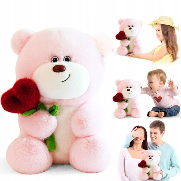 Orsetto di Peluche con Rosa 28 cm Regalo Perfetto per Bambini e Ragazze