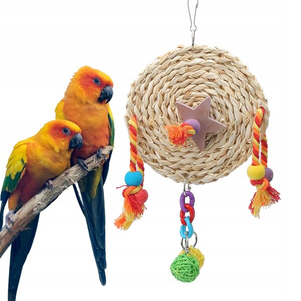 Giocattolo per uccelli in paglia intrecciata e legno non tossico con corda in cotone