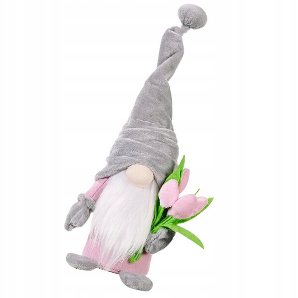 Dekorativer Zwerg mit weißem Bart und Tulpen, perfektes Geschenk zum Muttertag