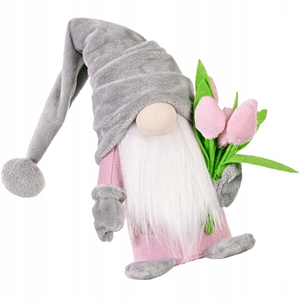 Gnom decorativo con barba bianca e tulipani, regalo perfetto per la Festa della Mamma