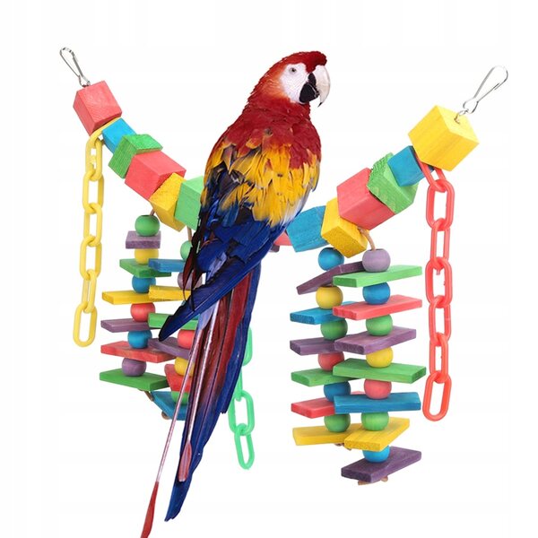 Giocattolo colorato in legno e plastica per uccelli, da appendere e mordere