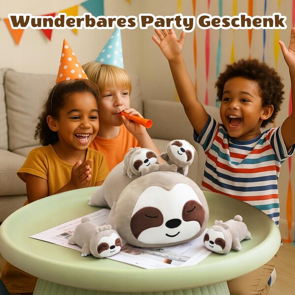 SQEQE Weiches Leniwiec-Plüschtier mit 4 Welpen und weichem Kissen für Kinder ab 3 Jahren