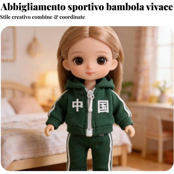 Completo Sportivo per Bambola OB11 Predolo, Tuta con Cerniera e Pantaloni Neri 1/12