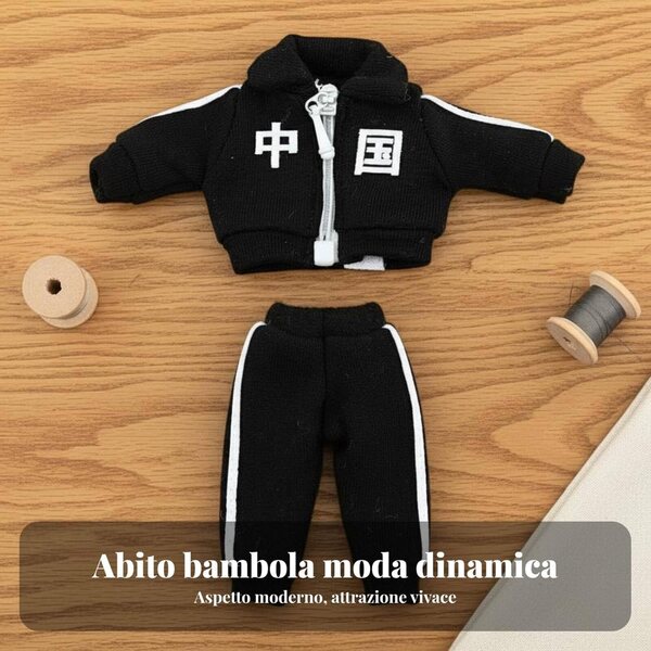 Completo Sportivo per Bambola OB11 Predolo, Tuta con Cerniera e Pantaloni Neri 1/12