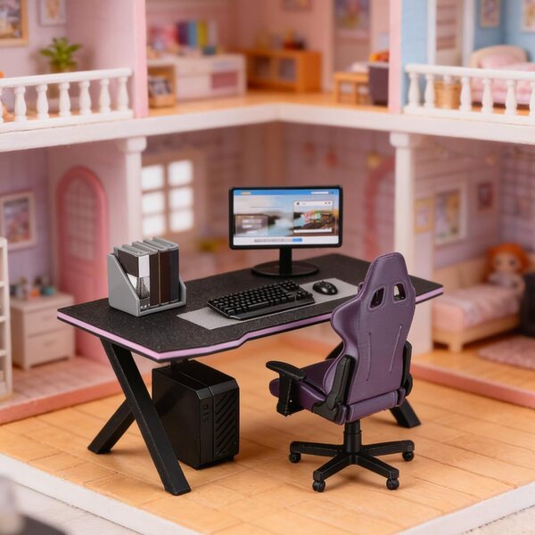 Didiseaon Miniatur-Gaming-Schreibtisch und Stuhl 1:12 Schwarz für Puppenhaus