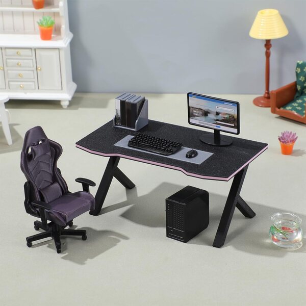 Didiseaon Miniatur-Gaming-Schreibtisch und Stuhl 1:12 Schwarz für Puppenhaus