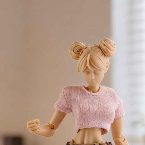 Kurzes T-Shirt aus Stoff für weibliche Actionfigur im Maßstab 1:12, Pink