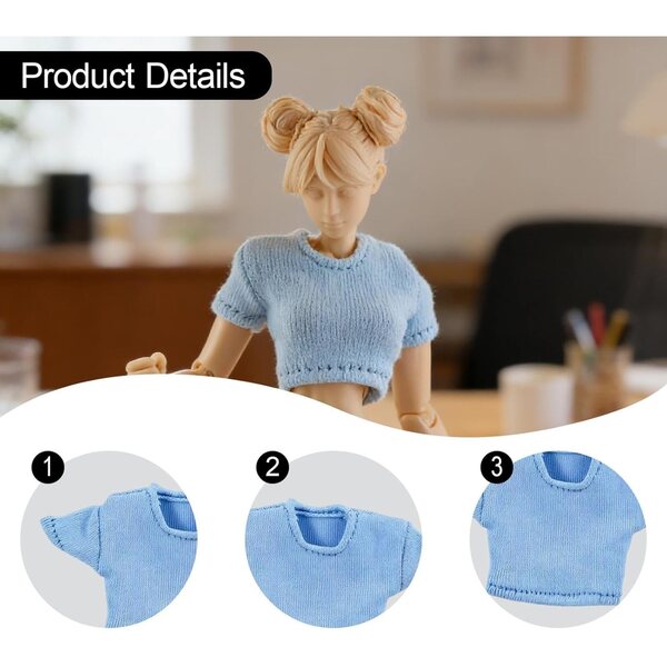 Blaues kurzes T-Shirt für weibliche Actionfigur im Maßstab 1:12 aus widerstandsfähigem Stoff