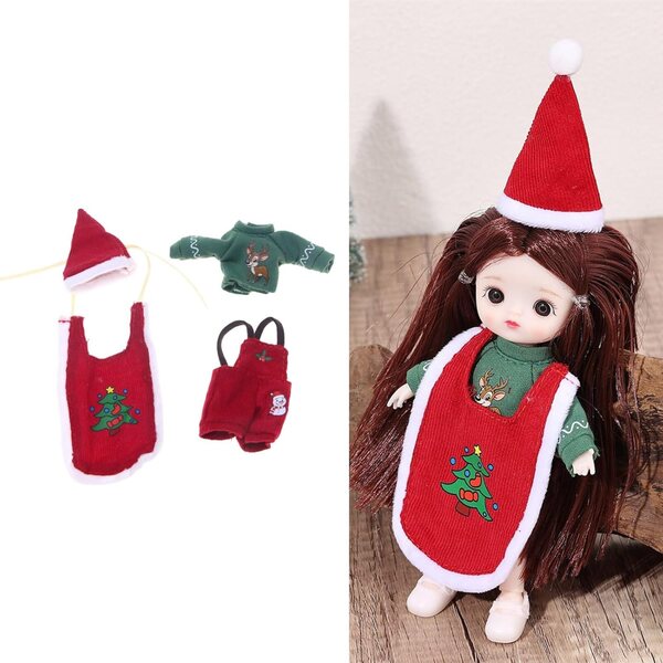 Weihnachtspuppen-Kleidungsset mit Weihnachtsmannmütze und grünem Oberteil für Puppenhäuser