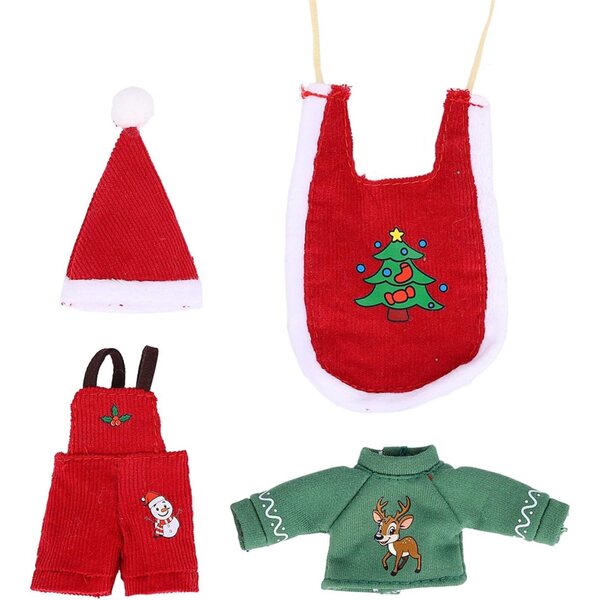 Weihnachtspuppen-Kleidungsset mit Weihnachtsmannmütze und grünem Oberteil für Puppenhäuser