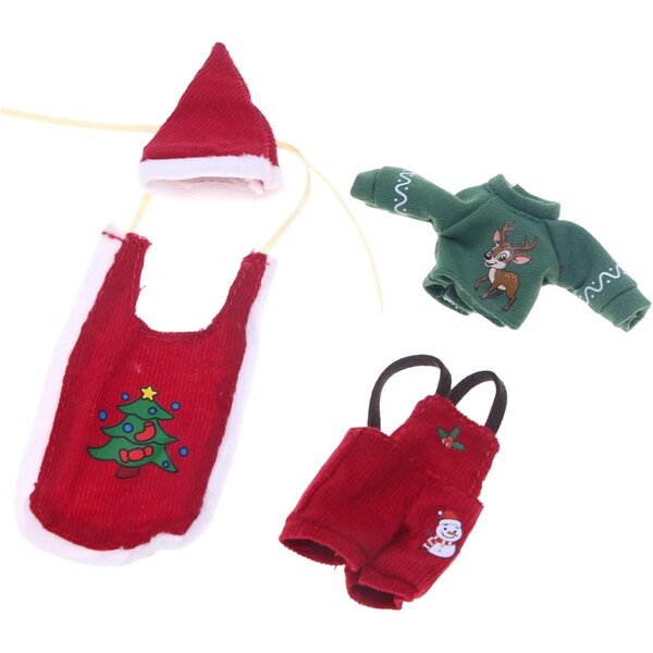 Weihnachtspuppen-Kleidungsset mit Weihnachtsmannmütze und grünem Oberteil für Puppenhäuser