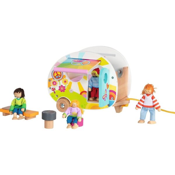 Goki Camperfreude Holzwohnwagen mit Zubehör für kreative Campingspiele