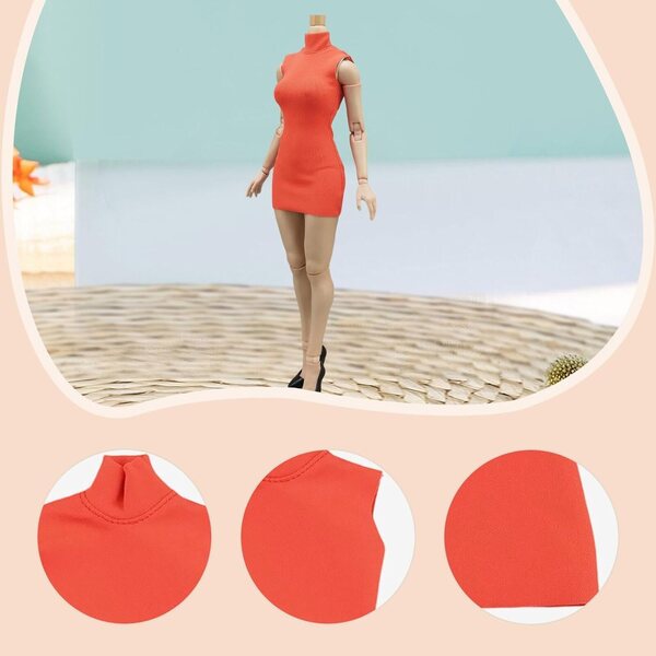 Ärmelloses Kleid für 1/6-Puppe mit Stehkragen, Orange-Rot