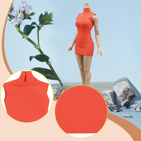 Ärmelloses Kleid für 1/6-Puppe mit Stehkragen, Orange-Rot