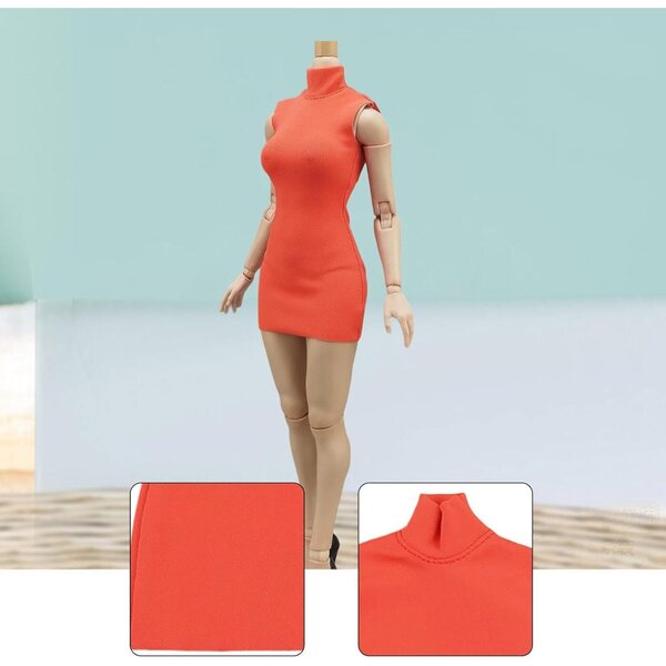 Ärmelloses Kleid für 1/6-Puppe mit Stehkragen, Orange-Rot