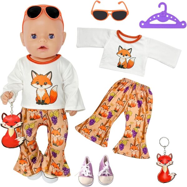 Kleidungsset für 35–43 cm große Puppen mit Fuchs-T-Shirt, Hose, Schuhen und Accessoires