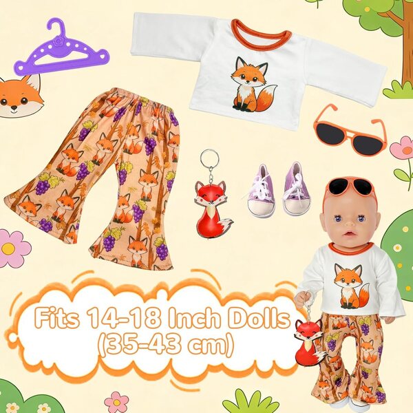Kleidungsset für 35–43 cm große Puppen mit Fuchs-T-Shirt, Hose, Schuhen und Accessoires