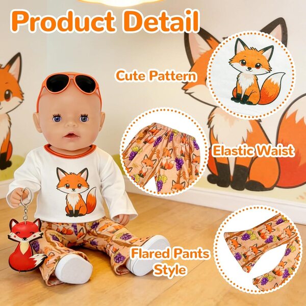 Kleidungsset für 35–43 cm große Puppen mit Fuchs-T-Shirt, Hose, Schuhen und Accessoires