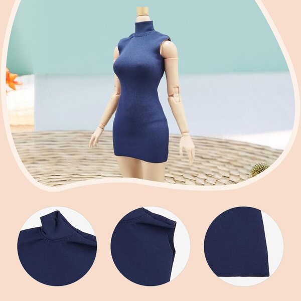Retro-Sommer-Minikleid für 1/6 Puppen mit Stehkragen, dunkelblau, 12 Zoll