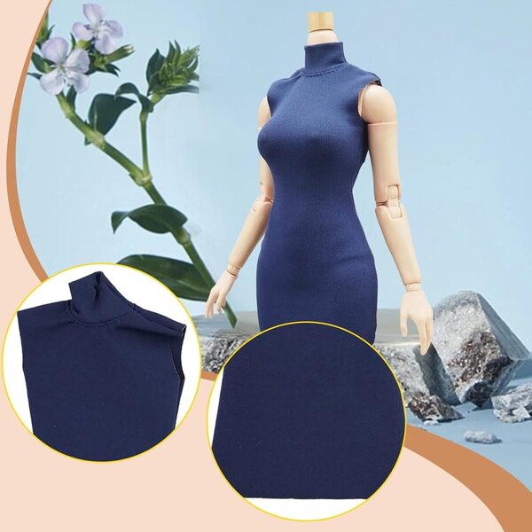 Retro-Sommer-Minikleid für 1/6 Puppen mit Stehkragen, dunkelblau, 12 Zoll