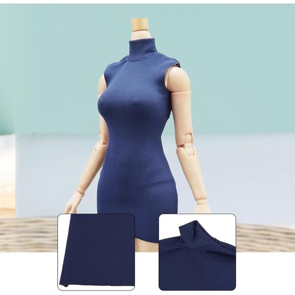 Retro-Sommer-Minikleid für 1/6 Puppen mit Stehkragen, dunkelblau, 12 Zoll