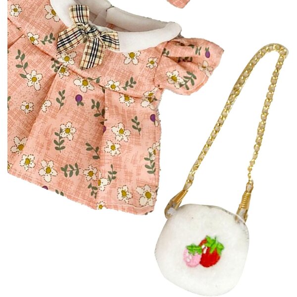 Kleid für 20-cm-Puppe mit Tasche und Fliege aus Baumwolle mit Blumendruck