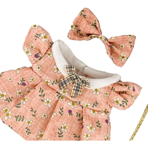 Kleid für 20-cm-Puppe mit Tasche und Fliege aus Baumwolle mit Blumendruck