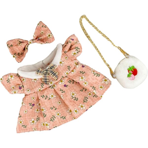 Kleid für 20-cm-Puppe mit Tasche und Fliege aus Baumwolle mit Blumendruck