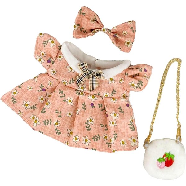 Kleid für 20-cm-Puppe mit Tasche und Fliege aus Baumwolle mit Blumendruck