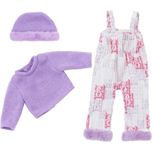 Lavendelfarbenes Pyjama-Set für 18-Zoll-Puppen mit gepunkteter Hose und Welpenhausschuh