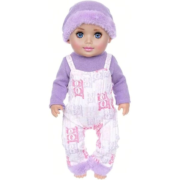 Lavendelfarbenes Pyjama-Set für 18-Zoll-Puppen mit gepunkteter Hose und Welpenhausschuh