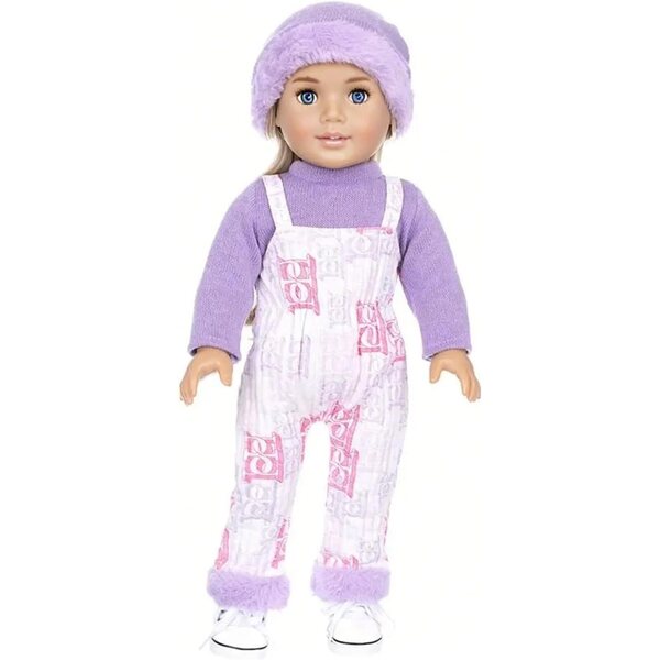 Lavendelfarbenes Pyjama-Set für 18-Zoll-Puppen mit gepunkteter Hose und Welpenhausschuh