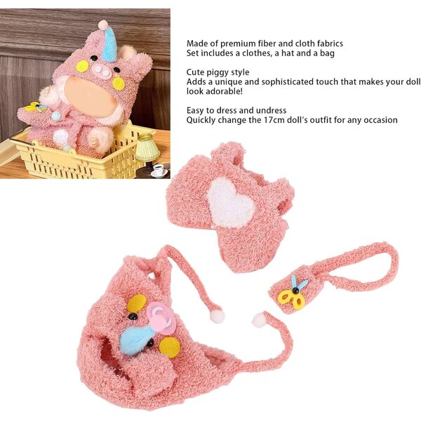Kleidungsset für 17-cm-Puppen mit Schweinemotiv: Hut, Kleid und Tasche