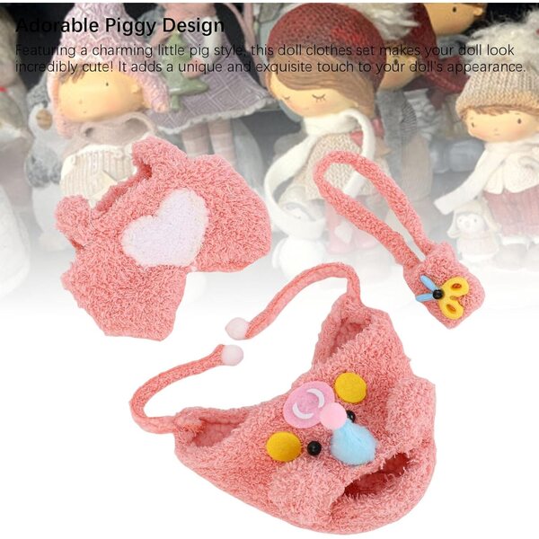 Kleidungsset für 17-cm-Puppen mit Schweinemotiv: Hut, Kleid und Tasche