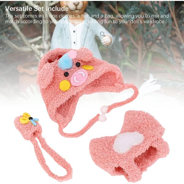 Kleidungsset für 17-cm-Puppen mit Schweinemotiv: Hut, Kleid und Tasche