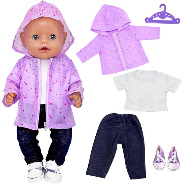 Set 5 pezzi vestiti viola per bambole 35-43 cm con giacca, t-shirt, pantaloni e scarpe