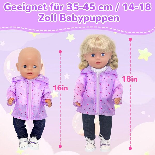 Set 5 pezzi vestiti viola per bambole 35-43 cm con giacca, t-shirt, pantaloni e scarpe