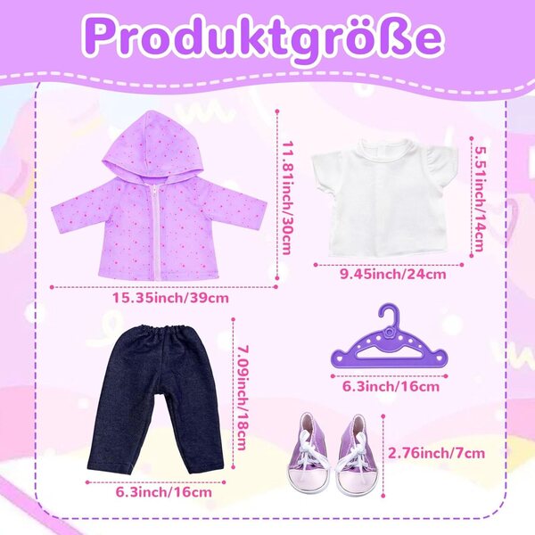 Set 5 pezzi vestiti viola per bambole 35-43 cm con giacca, t-shirt, pantaloni e scarpe