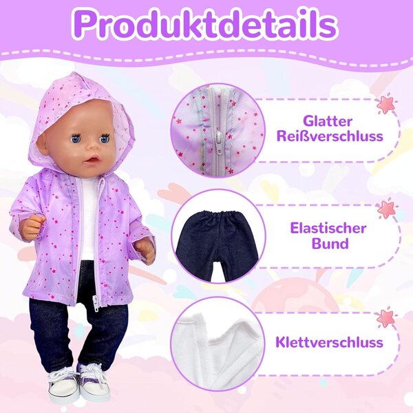 Set 5 pezzi vestiti viola per bambole 35-43 cm con giacca, t-shirt, pantaloni e scarpe