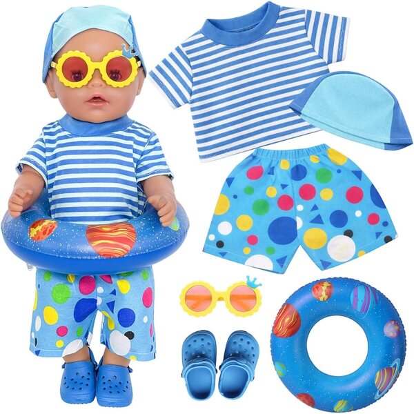 Blaues Badeanzug-Set für 35–45 cm große Puppen mit komplettem Sommerzubehör