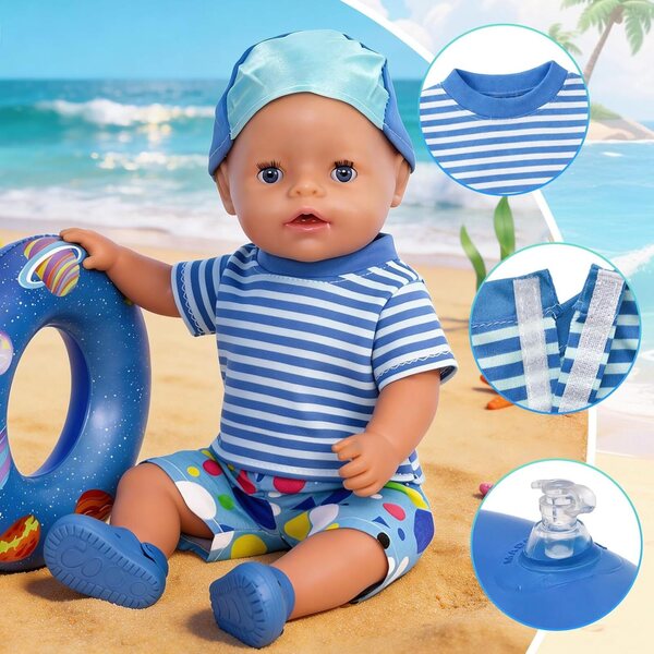 Blaues Badeanzug-Set für 35–45 cm große Puppen mit komplettem Sommerzubehör